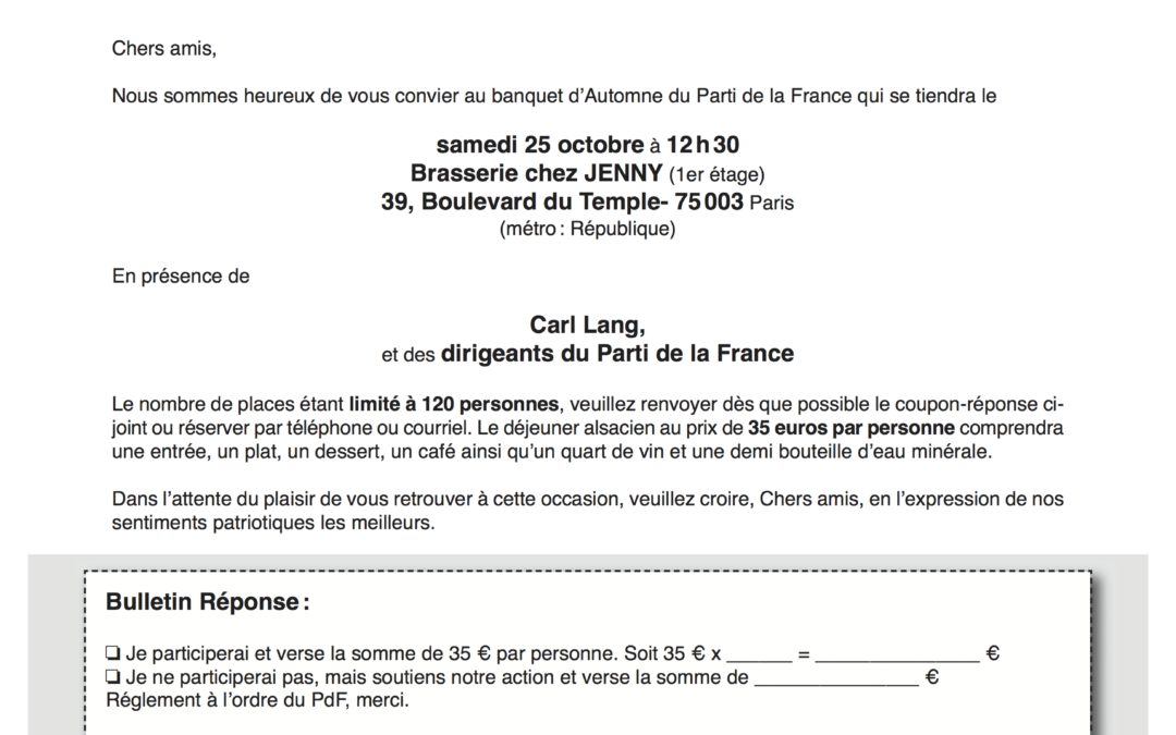 Banquet d’Automne du Parti de la France le 25 octobre à Paris
