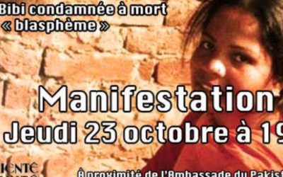 Jeudi 23 octobre 19 heures, manifestation contre la pendaison d’Asia Bibi