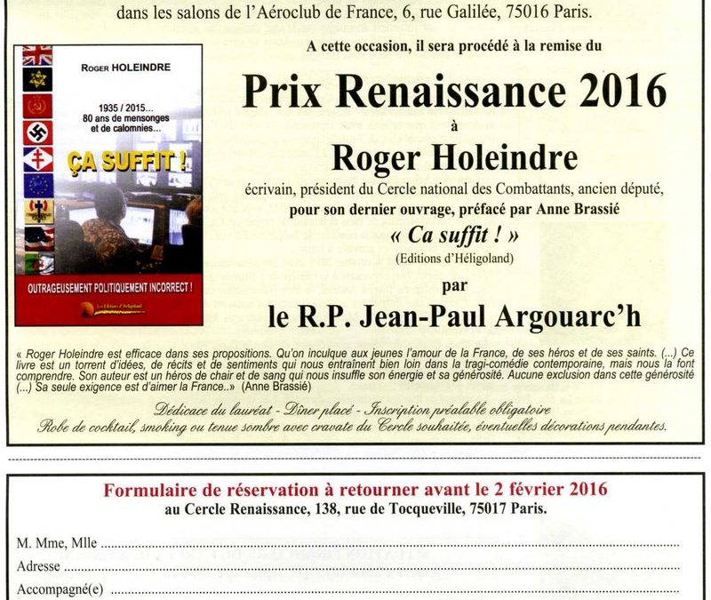 PRIX RENAISSANCE 2016 À ROGER HOLEINDRE